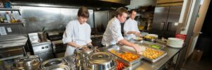 Three cooks in a commercial kitchen | Lease Genie offers leasing money for restaurants/